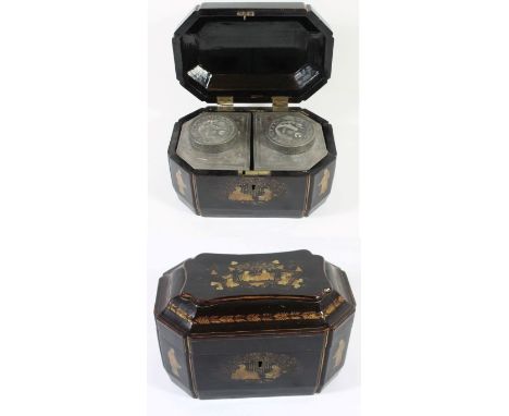 A 19th Century Chinese export ware lacquered tea caddy Of octagonal form with gilt paintwork, the hinged cover lifts to revea