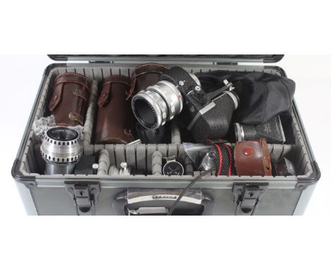 Vintage Camera Lenses and Accessories - A metal travel case containing a range of lenses Including Ernst Leitz 1;4 F=9cm Nr 1
