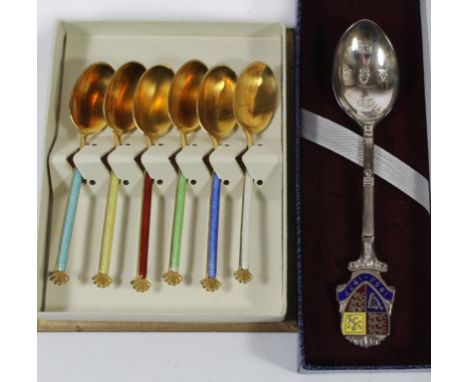 A cased set of six 20th Century Norwegian silver gilt and enamel coffee spoonsMarked 925 to reverse, length 8cm, together wit