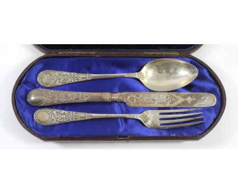 A Victorian three piece christening cutlery setComprising knife, fork and spoon, in a plush lined case, hallmarked Sheffield 