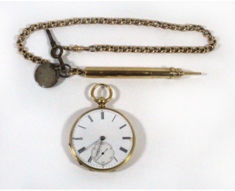 A Gents 18ct gold open faced pocket watchThe circular enamel dial with Roman numerals and subsidiary seconds dial, approximat