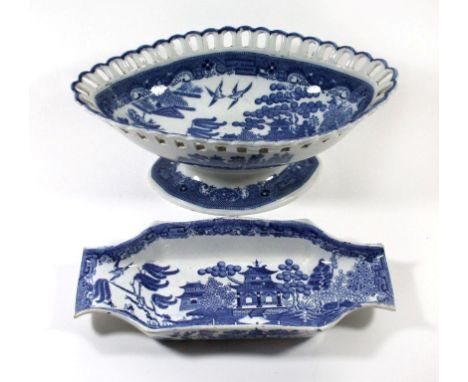 A 19th Century Spode blue and white Willow pattern double ended trayTogether with a further unmarked Willow pattern table bas