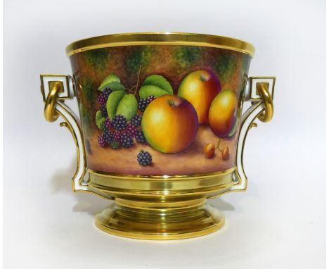 A Royal Worcester hand painted twin handled pedestal ice bucketDecorated with fruit by D. Shinnie, with ring handles, black p