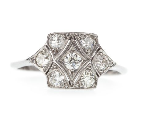 ART DECO DIAMOND RING, the square panel set with round brilliant cut diamonds totalling approximately 0.35 carats, marked 18c