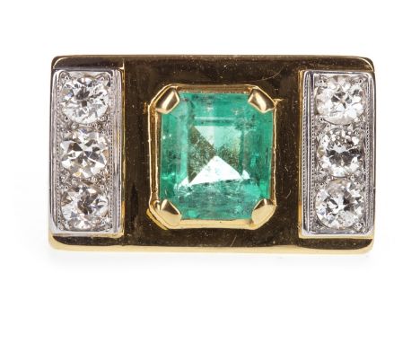 ART DECO STYLE EMERALD AND DIAMOND RING, the rectangular bezel set with a central step cut emerald 8mm long and flanked by tw