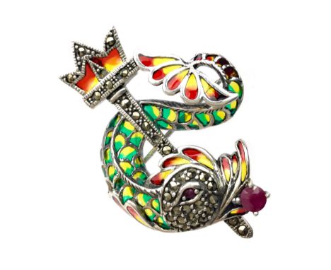 PLIQUE-A-JOUR POSEIDON BROOCH, the fish decorated with red, green and yellow plique-a-jour decoration, with marcasite set hea