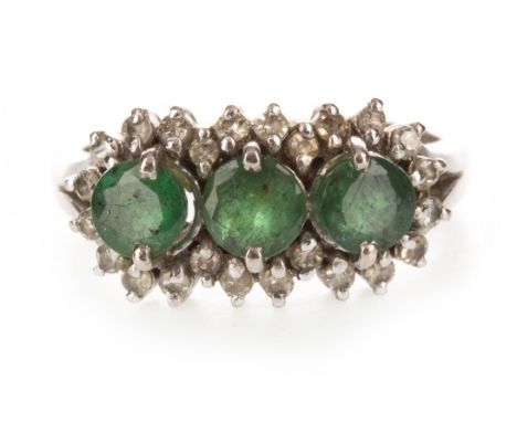 GREEN GEM SET AND DIAMOND CLUSTER RING, the three round green gems bordered by round brilliant cut diamonds totalling approxi
