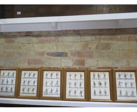 A set of six gilt framed prints Manual Exercise of the Musketeers and The Musket and Halbert Exercise - some fixing but reaso