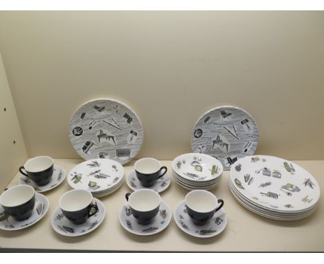 Ridgeway Barbecue pattern table ware, six cups and saucers, five side plates, five bowls and six dinner plates, also four hom