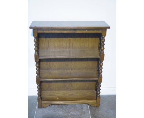 An old charm oak open bookcase with three shelves and bobbin turned supports - height 96cm x width 76cm x depth 25.5cm - good