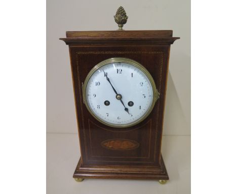 A French Edwardian mahogany mantle clock - height 36cm - striking on a gong - case and dial good, runs and strikes 