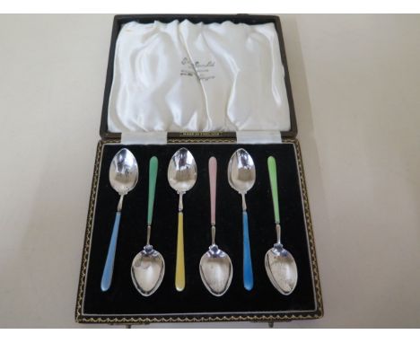 A boxed set of silver enamel coffee spoons Birmingham 1957/58 maker HCD - all good - total weight approx 2.6 troy oz 