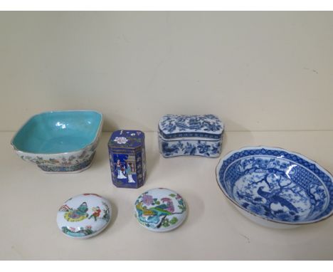 Six pieces of Oriental modern decorative ware - two bowls, two covered pots, a cloisonne caddy and a shaped lidded container 