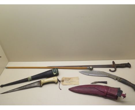 The Queens Own Cameron Highlanders swagger stick, a kukri, an Afghan dagger with bone handle - total length 38cm and a French