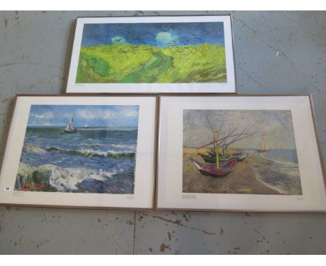 Three Vincent Van Gogh Amsterdam museum prints in silvered frames - Seascape, Boats on the Beach and Cornfield with Crows - l