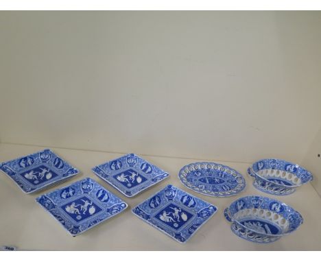 Seven pieces of 19th century Spode Greek pattern table ware, diamond shaped dishes 25cm x 20cm - all good except one dish is 