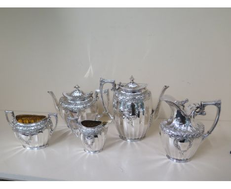 A James Dixon and Sons silver plated five piece coffee tea set, coffee pot 22cm tall - some usage mainly to teapot, no engrav