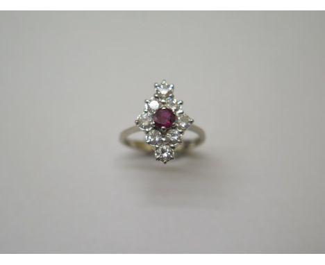 A vintage 18ct white gold marquise shape diamond and ruby ring, approx 0.80ct of diamonds, size K, head approx 16mm x 11mm, i