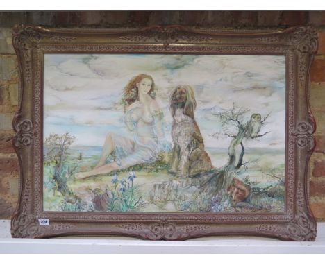 An acrylic on canvas of a young maiden in nature filled landscape signed  R W Hudson - in a gilt swept frame - 64cm x 90cm 