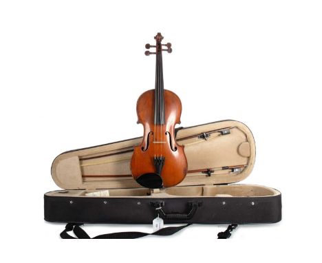 FULL-SIZE VIOLIN, BELIEVED FRENCH, CIRCA 1880-90  Stradivarius copy, two-piece back, in case with bow stamped HoyerNote: With