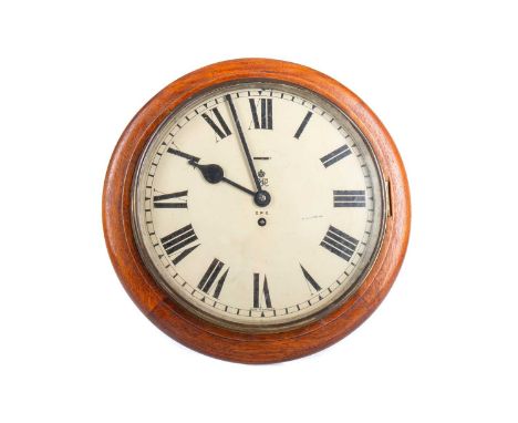 GEORGE VI G.P.O. MAHOGANY WALL CLOCK, with single train movement, the white enamel dial set with Roman numerals and stamped m