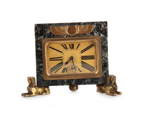 IN THE MANNER OF DUVERDREY AND BLOQUEL, FRENCH ART DECO GREEN MARBLE MANTEL CLOCK, 20TH CENTURY  of square form, the dial set