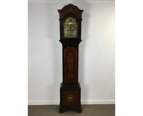 GEORGE V MAHOGANY AND MARQUETRY LONGCASE CLOCK, JAMES MARTIN, 1913 with two train eight day movement striking on a coil, the 