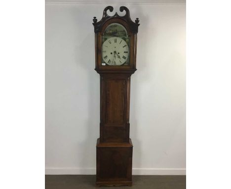 GEORGE III MAHOGANY LONGCASE CLOCK, with twin train eight day movement striking on a bell, the white enamel dial with Roman n