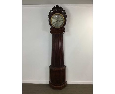 SCOTTISH MAHOGANY DRUMHEAD CLOCK, 19TH CENTURY with twin train movement striking on a coil, the engraved silvered dial with R