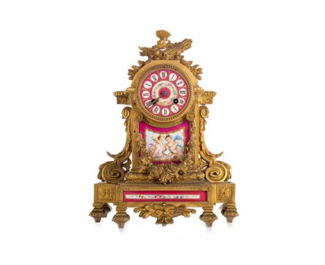 FRENCH GILT METAL AND PORCELAIN MANTEL CLOCK, LATE 19TH CENTURY the twin train movement by Japy Freres, striking on a bell, t