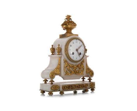 FRENCH ALABASTER AND GILT METAL MANTEL CLOCK, LATE 19TH CENTURY the two train eight day movement by Samuel Marti, striking on