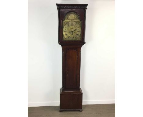 GEORGE III MAHOGANY LONGCASE CLOCK, JOHN HAMILTON OF GLASGOW twin train movement striking on a bell, the engraved brass dial 