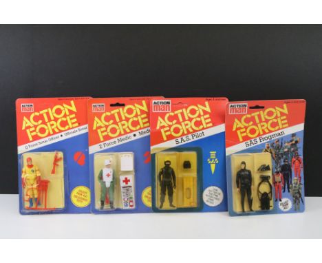 Action Man - Four carded Palitoy Action Force figures to include SAS Frogman (excellent bubble with mild discolouring, creasi