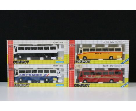 Four boxed Joal Compact REF 149 diecast model buses to include PTT, Air France, Parrys Coastline Holidays and two tone black 
