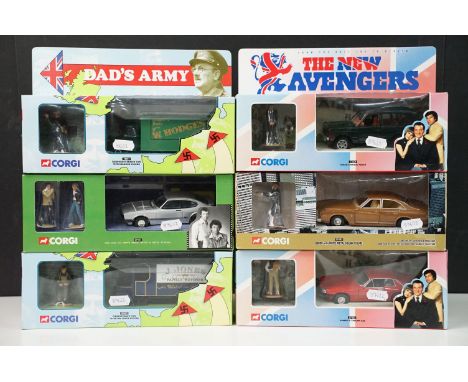 Six boxed Corgi TV related diecast models to include 2 x The New Avengers (57405 Gambits Jaguar XJS &amp; 57604 Steeds Range 