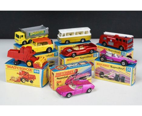 Eight boxed Matchbox 75 Series / Superfast diecast models to include 5 Lotus Europa in metallic pink, 34 F1 Racing Car in met
