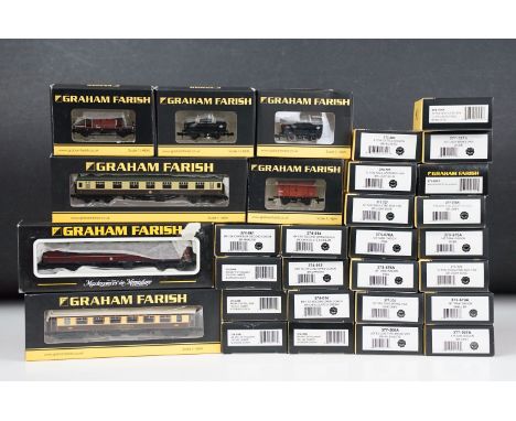 30 Boxed Graham Farish N gauge items of rolling stock to include 374-061 MK1 SK Corridor Second Coach BR Maroon, 374-014 MK 1