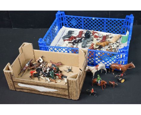 Collection of lead / metal farm animals &amp; hunting featuring Britains examples horses, cows, dogs, etc (2 Boxes)