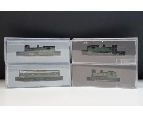 Four cased / boxed Graham Farish N gauge locomotives to include 371077 Class 253 locomotive BR two tone green, 371981A Class 