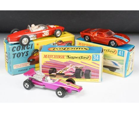 Three boxed diecast models to include 2 x Matchbox Superfast models featuring 34 Formula One Racing Car and 41 Ford GT and 1 