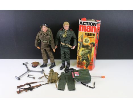 Action Man - Group of original Palitoy Action Man to include 2 x soldier figures with 1 x box (tatty &amp; missing an end fla