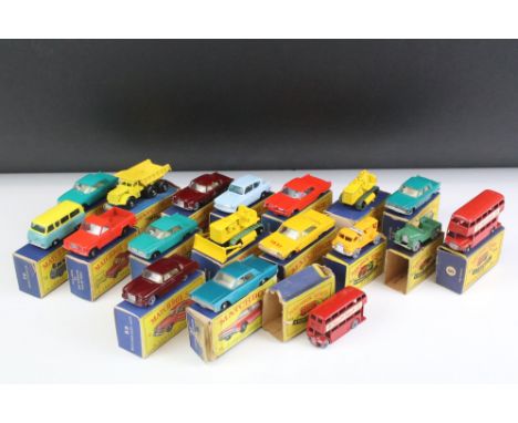 18 Boxed Matchbox 75 Series diecast models to include 7 Ford Anglia, 6 Euclid Quarry Truck, 2 x 53 Mercedes Benz Coupe, No 12