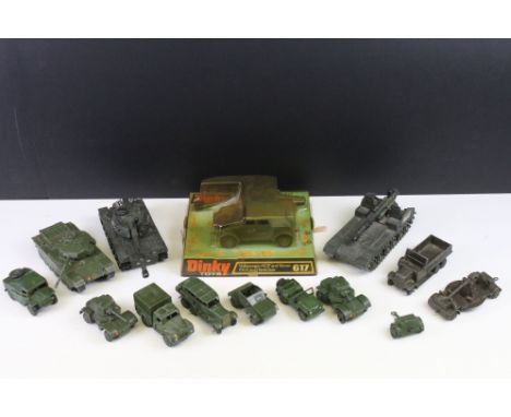 14 Dinky military diecast models to include cased 617 Volkswagen KDF and 50mm P.A.K Anti-Tank Gun, Leopard Tank, 688 Field Ar