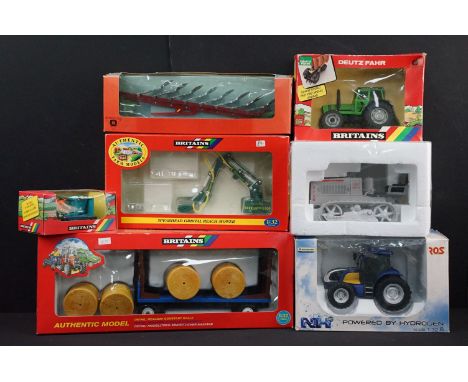 Seven boxed farming related diecast models to include 5 x Britains models featuring 00048 Spearhead Orbital Reach Mower, 9591