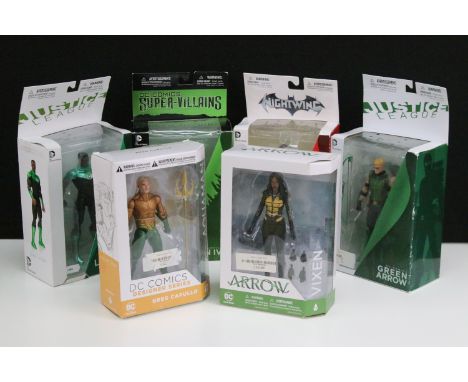 Six boxed DC Collectibles action figures to include DC Comics Super-Villains Poison Ivy, Designer Series Aquaman, Justice Lea
