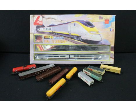 Jouef HO gauge Eurostar locomotive &amp; coach set of four contained within Lima box, plus 10 x items of rolling stock and tr