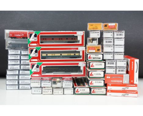 36 Boxed / cased N gauge items of rolling stock to include 24 x Fleischmann, 9 x Lima and 3 x Arnold, features Fleischmann 86