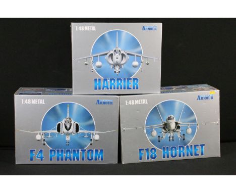 Three boxed 1/48 Armour Collection diecast models to include No. 98136 Harrier AV8 Plus Marina Italiana, No. 98078 F-4 Phanto