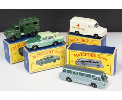 Four boxed Matchbox 75 Series diecast models to include 29 Austin A55 Cambridge in two tone green, 40 Long Distance Coach in 