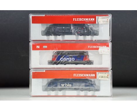 Three cased Fleischmann N gauge locomotives to include 731308, 731304 &amp; SBB CFF FFS Cargo